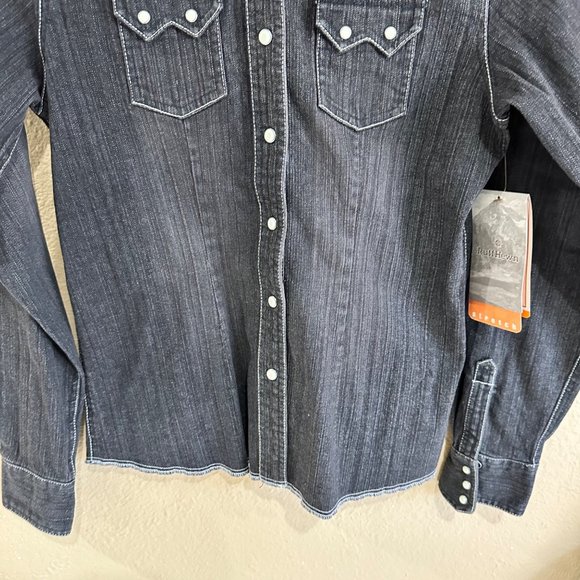 NWT Ruff Hewn Denim Shirt Western Womens Size Small Black Gray Pearl Snaps - Picture 3 of 9